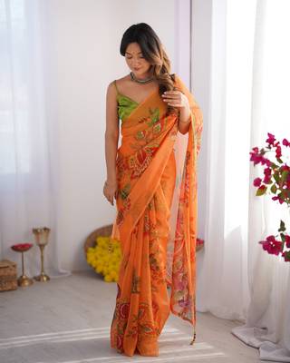 Orange organza printed style saree 6