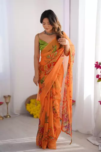 Orange organza printed style saree