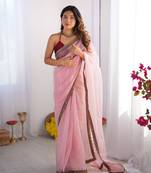 Pink twill net solid lace border bollywood style saree