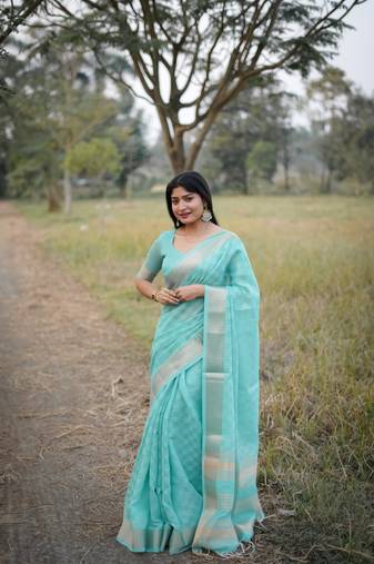 Sea green kalyani silk blend zari woven saree