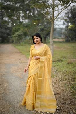 Mustard kalyani silk blend zari woven saree 1