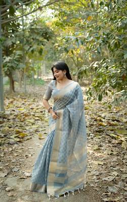 Grey kalyani silk blend zari woven saree 1