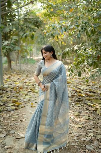 Grey kalyani silk blend zari woven saree