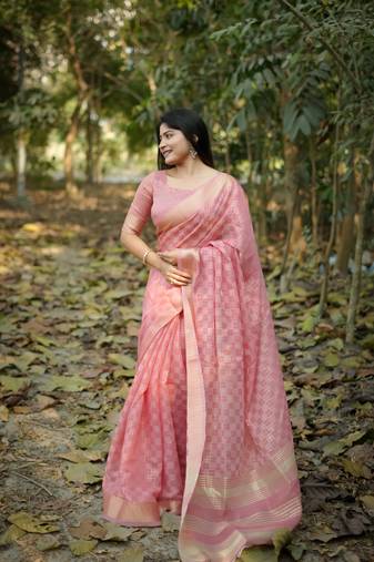 Pink kalyani silk blend zari woven saree