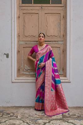 Pink handloom woven faux banarasi silk blend saree 1