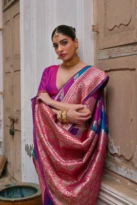 Pink handloom woven faux banarasi silk blend saree 3