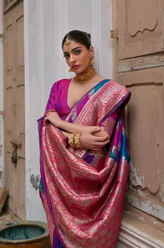 Pink handloom woven faux banarasi silk blend saree