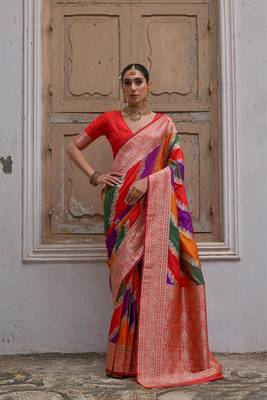 Red handloom woven faux banarasi silk blend saree 1