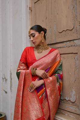 Red handloom woven faux banarasi silk blend saree 3