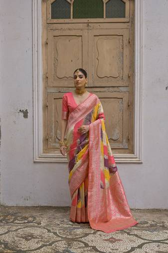 Yellow handloom woven banarasi silk blend saree