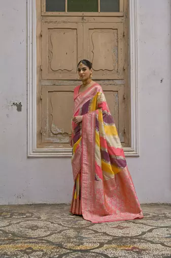 Yellow handloom woven faux banarasi silk blend saree