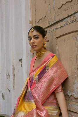 Yellow handloom woven faux banarasi silk blend saree 4