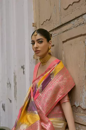 Yellow handloom woven faux banarasi silk blend saree