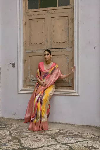 Yellow handloom woven faux banarasi silk blend saree