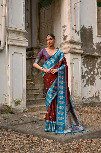 Coffee banarasi silk blend woven jari designer saree