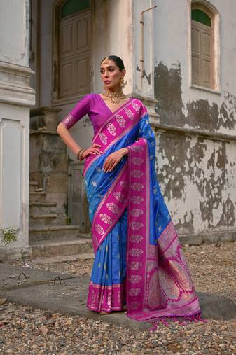 Firozi banarasi silk blend woven jari designer saree