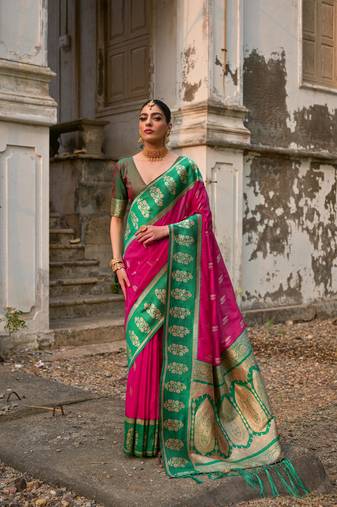 Pink banarasi silk blend woven jari designer saree