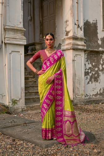 Mahendi banarasi silk blend woven jari designer saree