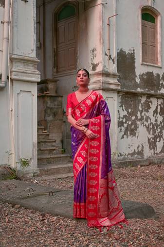 Lavender banarasi silk blend woven jari designer saree