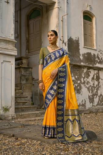 Yellow banarasi silk blend woven jari designer saree