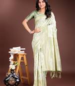 Light green linen cotton woven jacquard saree