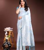 Sky blue linen cotton woven jacquard saree