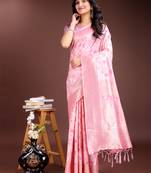 Pink linen cotton woven jacquard saree