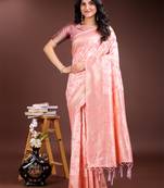 Peach linen cotton woven jacquard designer saree