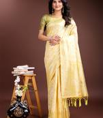 Yellow linen cotton woven jacquard saree
