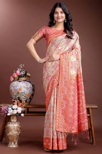 Pink linen cotton woven jacquard designer traditional saree