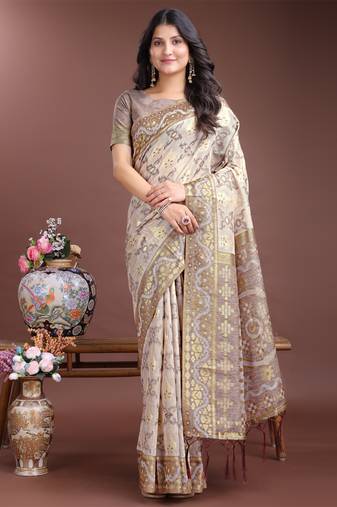 Brown linen cotton woven jacquard designer traditional saree