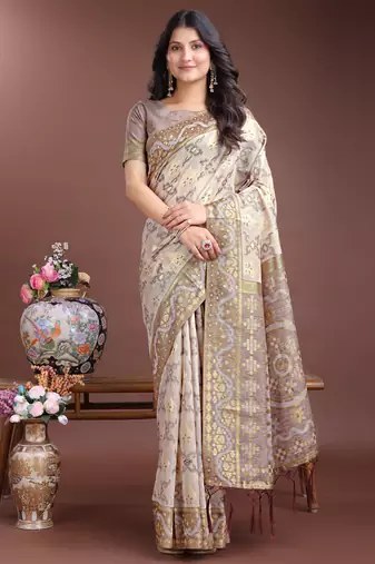 Brown linen cotton woven jacquard designer traditional saree