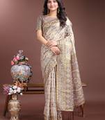 Brown linen cotton woven jacquard designer traditional saree