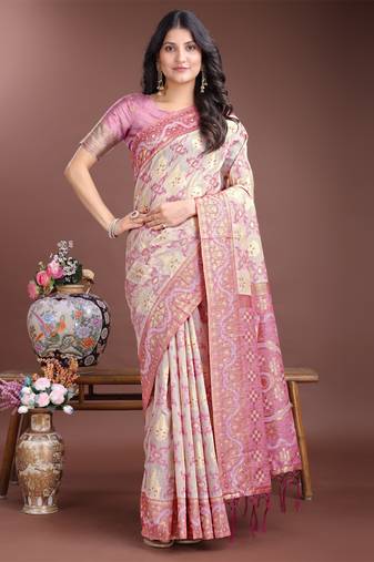 Purple linen cotton woven jacquard designer traditional saree