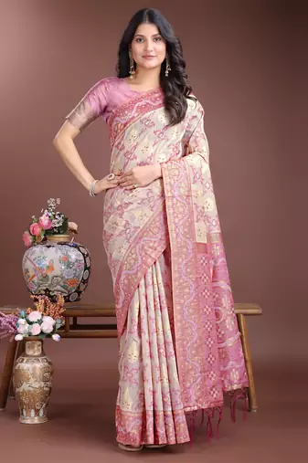 Purple linen cotton woven jacquard designer traditional saree