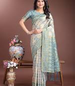 Green linen cotton woven jacquard designer traditional saree
