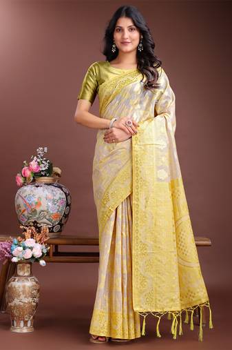 Yellow linen cotton woven jacquard designer traditional saree