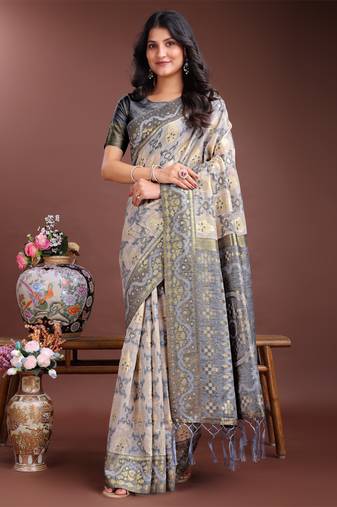 Grey linen cotton woven jacquard designer traditional saree