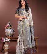 Grey linen cotton woven jacquard designer traditional saree