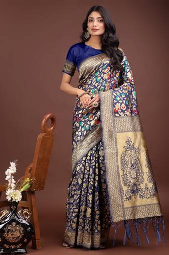 Navy blue lichi silk blend woven designer partywear saree