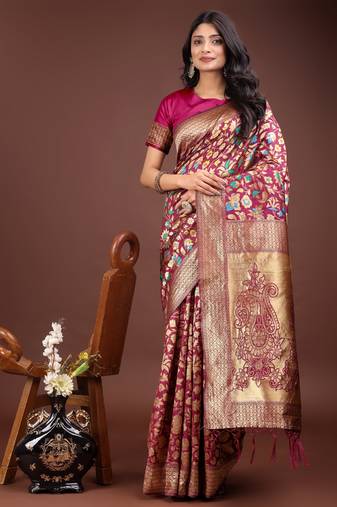 Magenta lichi silk blend woven designer partywear saree
