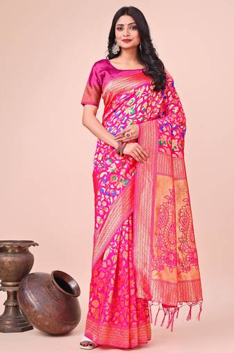 Pink lichi silk blend woven designer partywear saree