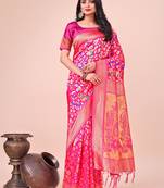 Pink lichi silk blend woven designer partywear saree