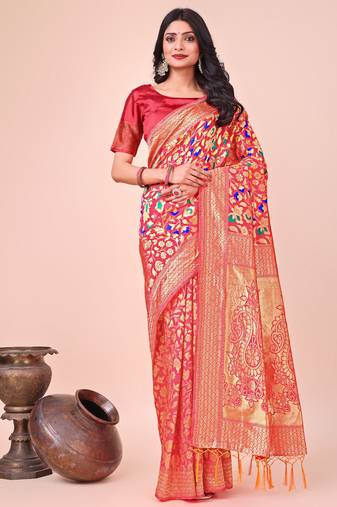 Maroon lichi silk blend woven designer partywear saree