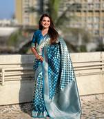 Teal blue woven silver jari designer banarasi silk blend saree