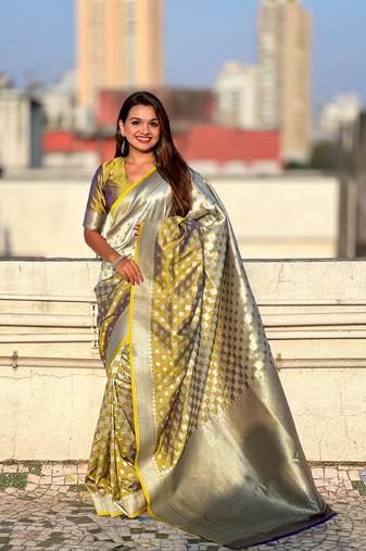 Yellow woven silver jari designer banarasi silk blend saree