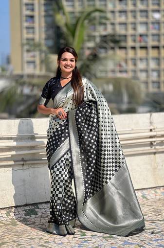 Black woven silver jari designer banarasi silk blend saree