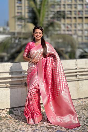 Pink woven silver jari designer banarasi silk blend saree