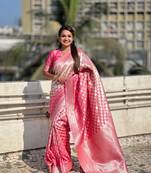 Pink woven silver jari designer banarasi silk blend saree