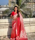 Red woven silver jari banarasi silk blend saree